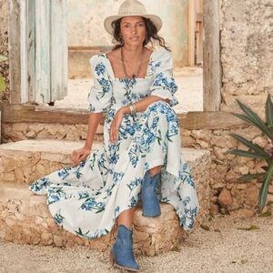 New Anthropology ESPECIA White Floral Midi Ruffle Summer Dress Size M